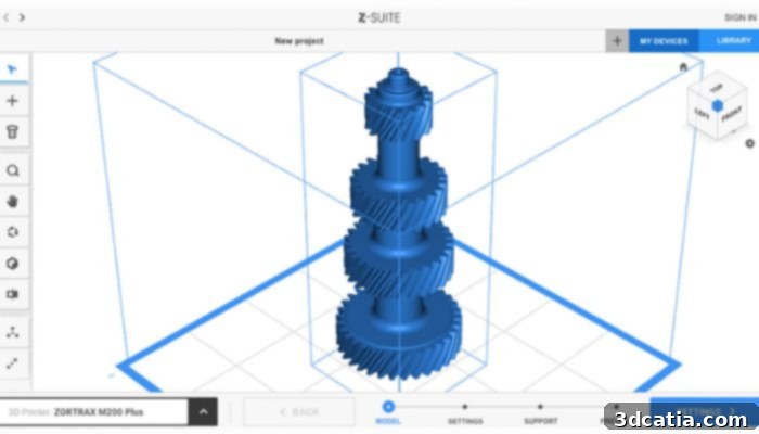 Z-Suite software interface with 3D model and print settings