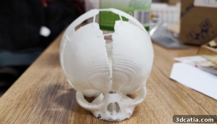 3D printed SLA model of a newborn baby's skull with occipital bone defect
