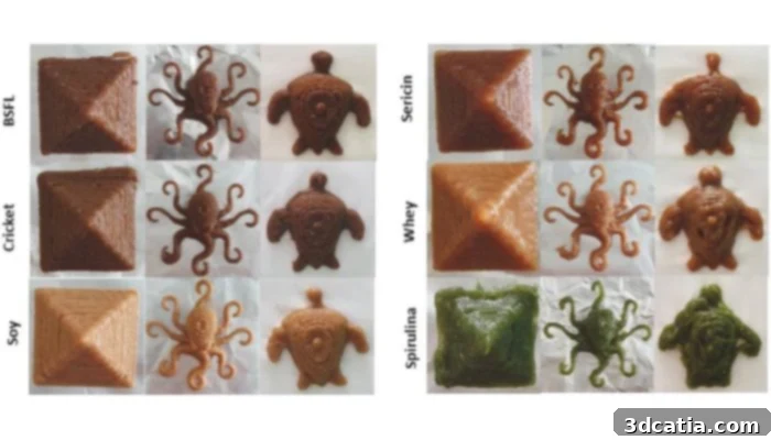 3D printed foods, showcasing visually appealing shapes created from alternative proteins