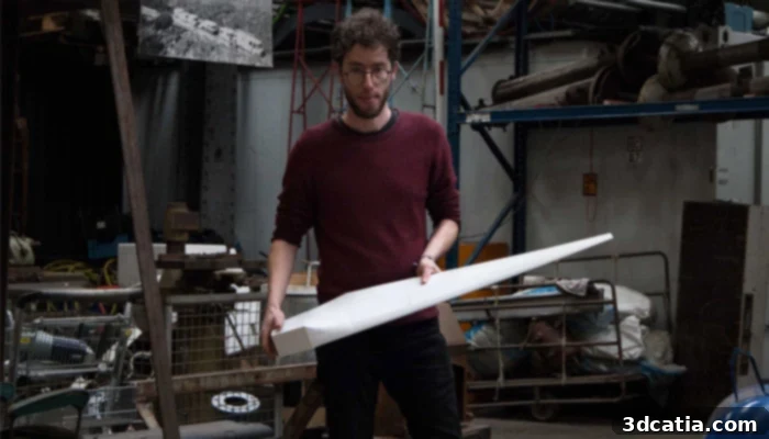 Bram Peirs holds a 3D printed wind turbine blade, showcasing From Waste to Wind's innovative approach to recycled plastic and renewable energy.