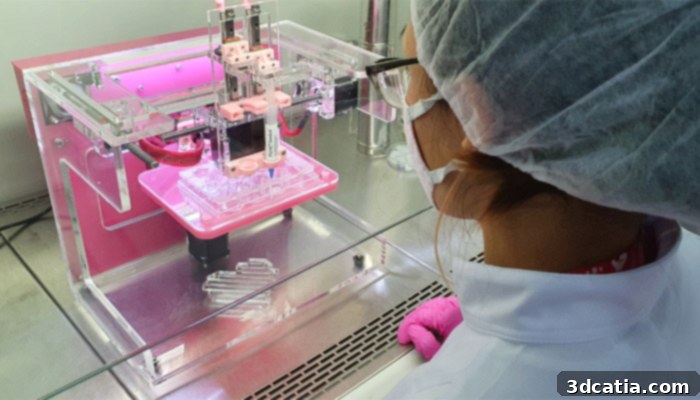 TissueLabs TissueStart bioprinter in operation, showcasing its compact design and dual extrusion heads for advanced biofabrication.