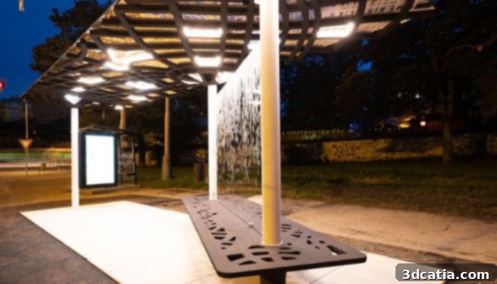 A modern 3D printed tram stop in Prague, featuring a curved concrete shelter and integrated bench, where people are waiting for public transport. The design is sleek and minimalist, showcasing innovative urban infrastructure.