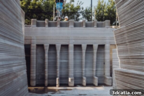 3D-printed building under construction showing the innovative functional spaces