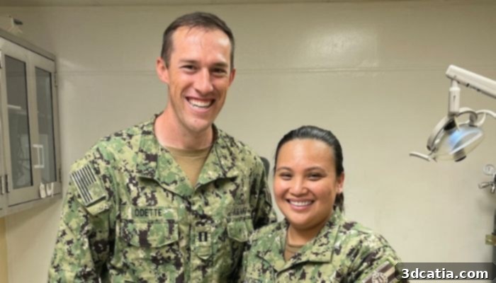 Navy Lt. Justin Odette with Logistics Specialist 2nd Class Dianne Ancheta, one of the two Navy dental patients benefitting from 3D printing.