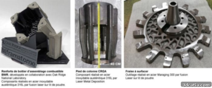 Different 3D printed parts from Framatome, showcasing the variety and complexity of components manufactured using additive techniques for nuclear applications.
