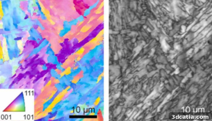 A microscopic image of 3D printed 17-4 PH stainless steel, showing crystal orientations