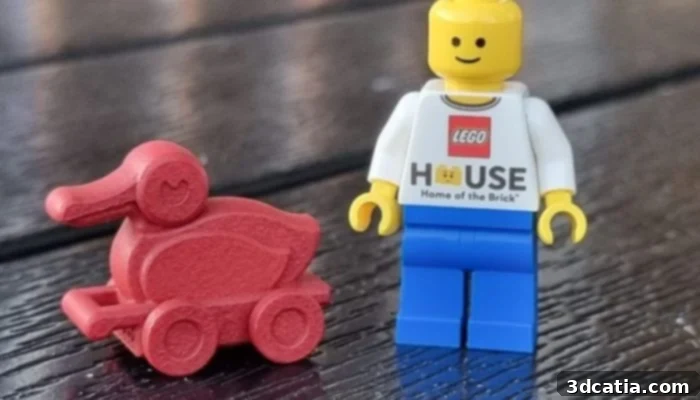 3D printed LEGO duck made with powder and additive manufacturing