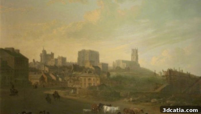 A 3D printed tactile relief of 'Lancaster from Cable Street' by Julius Caesar Ibbetson, with the original painting displayed nearby