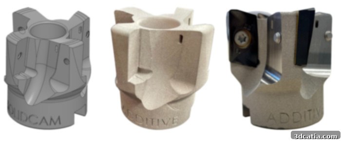 Complex geometries are achievable by combining CNC machining and additive manufacturing, as shown in this SolidCAM example.