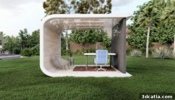 Conceptual image of a modern 3D printed home with a sleek design, demonstrating innovative construction using recycled materials.