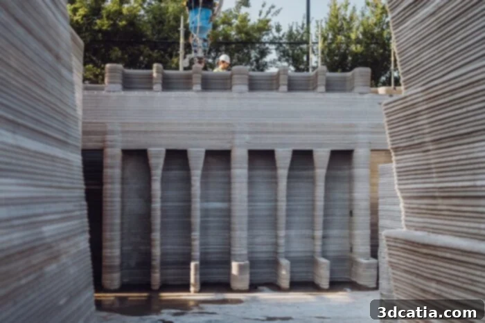 3D-printed home under construction with a construction vehicle nearby