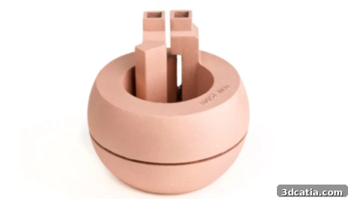 Close-up view of a complex 3D printed copper coil element, showcasing intricate internal structures.
