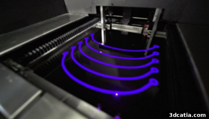Close-up of the ETEC Xtreme 8K top-down DLP printer in action