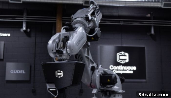 Continuous Composites 3D printer with Comau robotic arm for thermoset objects with continuous carbon fiber
