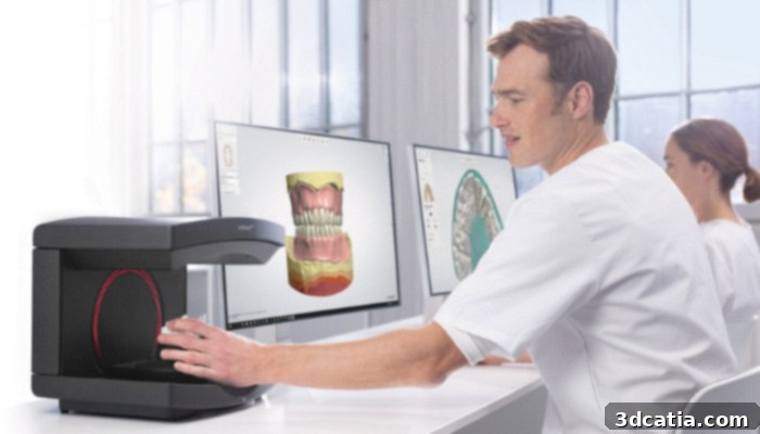 A state-of-the-art 3D scanner being used for dentistry, capturing a digital impression of a patient's mouth.