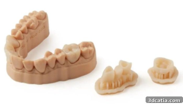 Close-up of aesthetically pleasing 3D printed dental crowns, ready for patient fitting.
