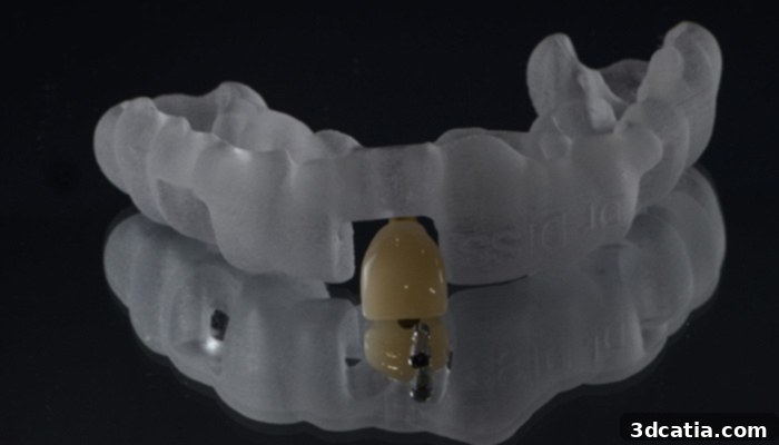A 3D printed surgical guide positioned on a dental model, illustrating its use for precise implant placement.