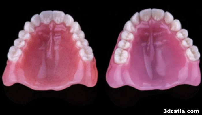 A visual comparison highlighting the differences between a 3D printed denture set on the left and a traditionally milled set on the right.