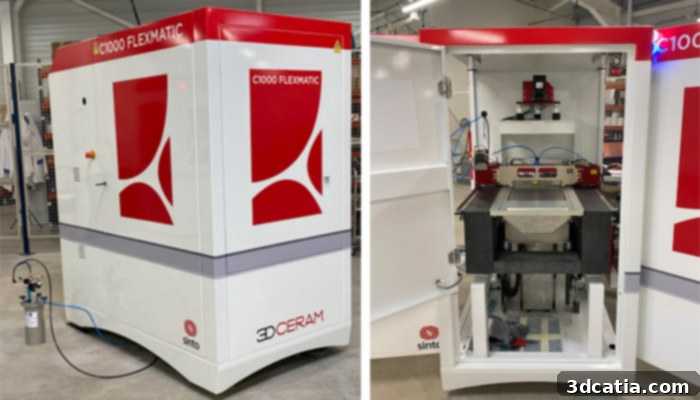 The C1000 FLEXMATIC 3D printer in an industrial setting, showcasing its robust design tailored for high-volume ceramic production.