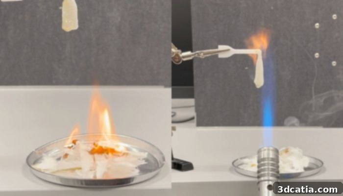 Comparison: standard plastic (left) and flame-retardant TPU01FR (right)