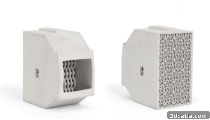 A 3D printed filter made with HP Metal Jet technology for Schneider Electric's NSX switch, highlighting complex internal geometries.