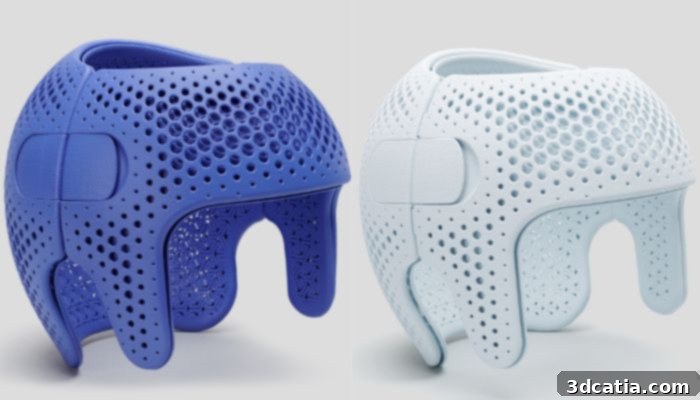 A white 3D printed helmet alongside a dyed version, showcasing applications of HP's Multi Jet Fusion technology for medical use.