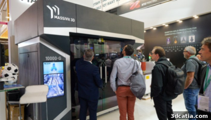 Massivit 3D's booth at Formnext 2022 showcasing large-format 3D printing solutions and the Massivit 10000 system.