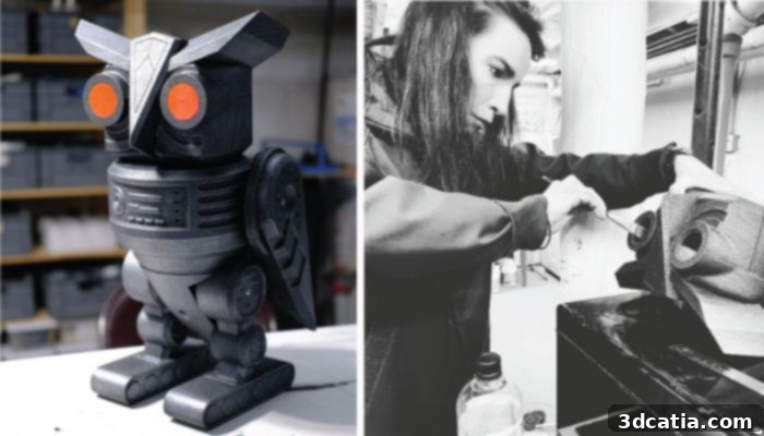 A 3D printed robotic owl prop for the movie 'It's A Wonderful Binge', featuring an iron finish and bright orange, illuminated eyes.