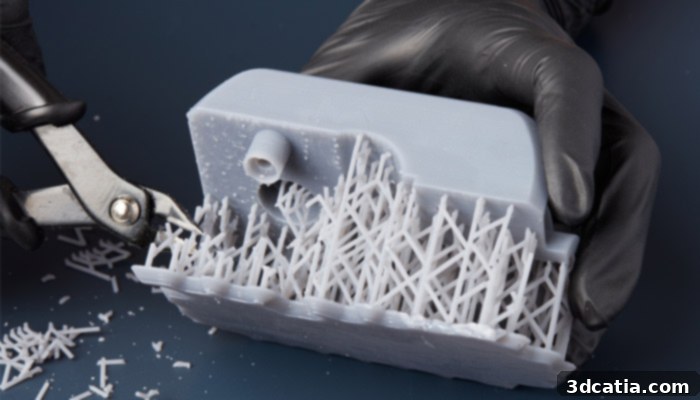 Removal of 3D resin printing supports, a common and often manual post-processing step for photopolymerization technologies.