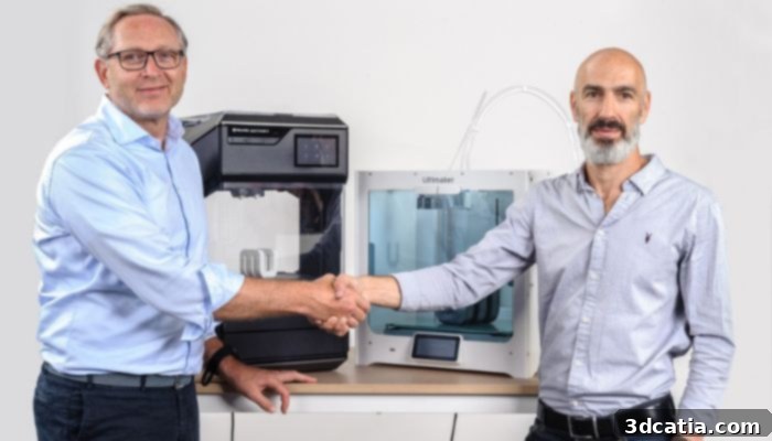 3D printing 2022: Nadav Goshen and Juergen von Hollen shaking hands after Ultimaker and MakerBot merger