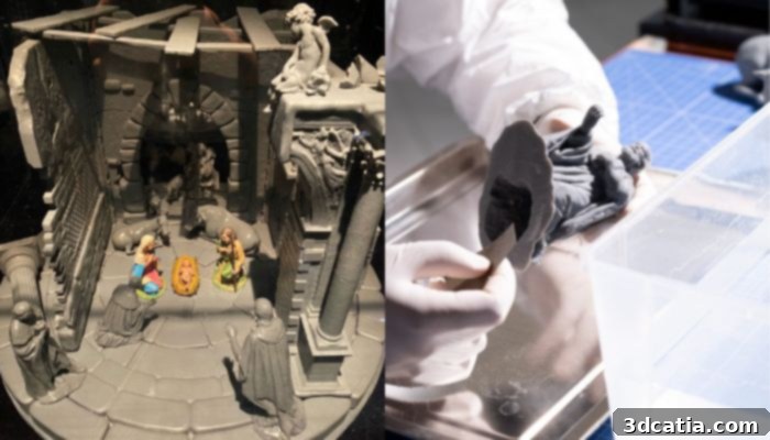 A 3D printed nativity scene featuring intricate walls: a tuff wall, a Roman brick wall, and a stuccoed wall, showcasing the diverse possibilities of additive manufacturing.