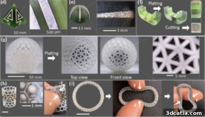 Examples of plated parts made with multi-material DLP 3D printing, showcasing intricate designs and integrated metal features.