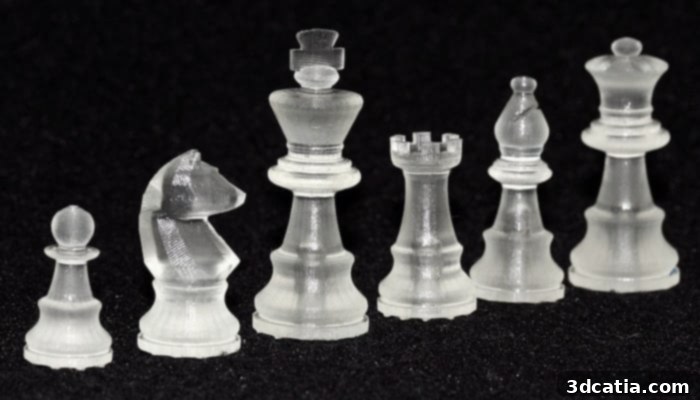 3D printed translucent chess pieces showcasing intricate details