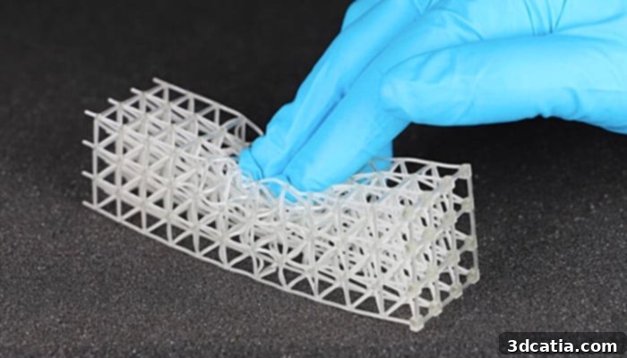 A 3D printed flexible component demonstrating its elastic properties, made with BASF Ultracur3D EL 4000 resin