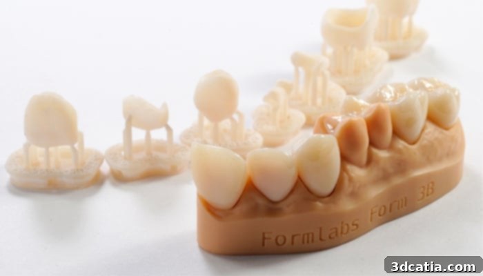 A 3D printed dental model made with biocompatible dental resin, showcasing high precision