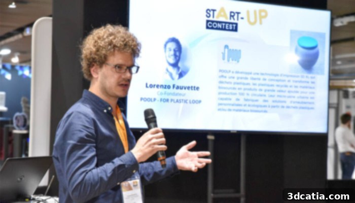 Lorenzo Fauvette, co-founder of POOLP, presenting at 3D Print Paris 2022 Startup Contest, advocating for sustainable additive manufacturing with recycled plastics.