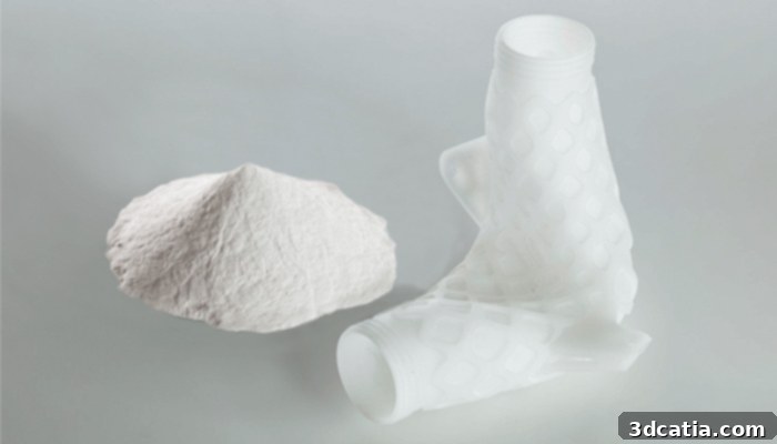 A large industrial 3D printing machine processing polymer powder, emphasizing the scale and efficiency of powder-based additive manufacturing.
