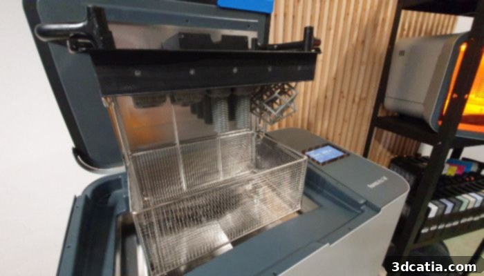 The washing step is critical in the post-processing of resin 3D prints, removing uncured material and preparing parts for final curing and finishing.