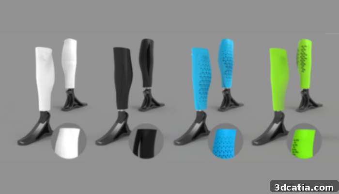 Detailed 3D modelling for the Letizia prosthesis, showcasing the intricate design process that enables customization and adaptability for various amputation types. This digital rendering highlights the precision of 3D printing in creating patient-specific prosthetic solutions, offering hope to Ukrainian war victims.