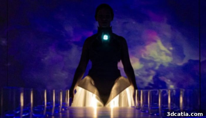 An interior shot of the 'Journey' event, featuring vibrant light engineering and an immersive atmosphere, highlighting the artistic integration of technology.