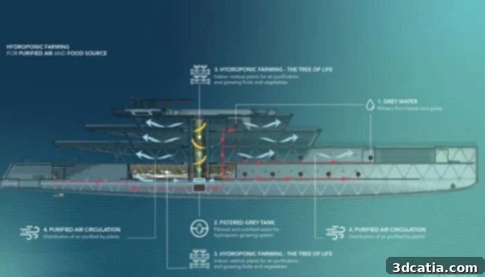 The design for the water use system on the 3D printed carbon neutral invisible yacht