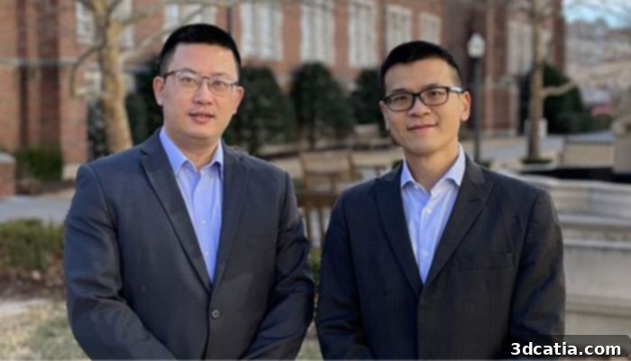 Dr. Chung-Hao Lee and Dr. Yingtao Liu, researchers at the University of Oklahoma, collaborating on a project to improve brain aneurysm treatment using 3D printing technology.