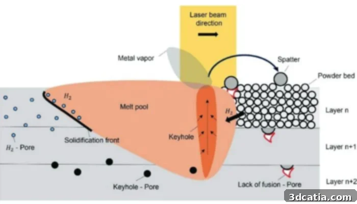 Illustrative image showing the formation of a keyhole pore in laser powder bed fusion.