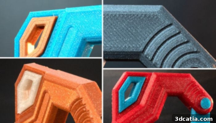 Various 3D printed parts made from Fillamentum's Premium PETG filament, showcasing a range of vibrant colors and textures.
