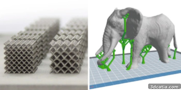 Left: a lattice support structure. Right: tree supports.