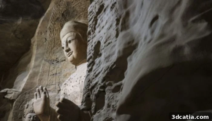 Close-up of a 3D-printed statue in a cave reproduction.