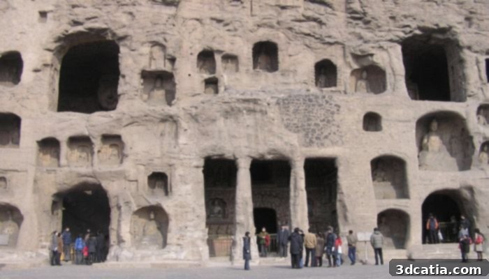 A panoramic view of the Yunyang Grottoes showing a vast cave system.