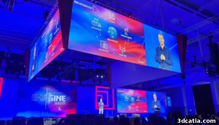 The grand opening stage and vibrant atmosphere at 3DEXPERIENCE World 2023 in Nashville