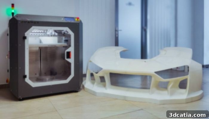 The OMNI3D Factory 2.0 NET 3D printer in action, used to create the front section prototype of a car.