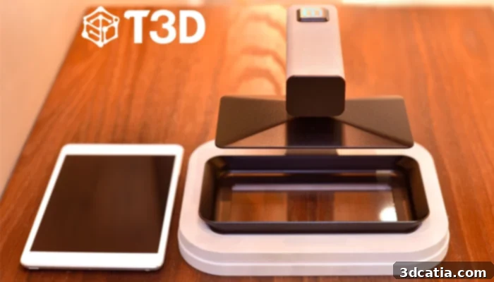 A T3D smartphone 3D printer next to a smartphone, showcasing its compact size and mobile integration.